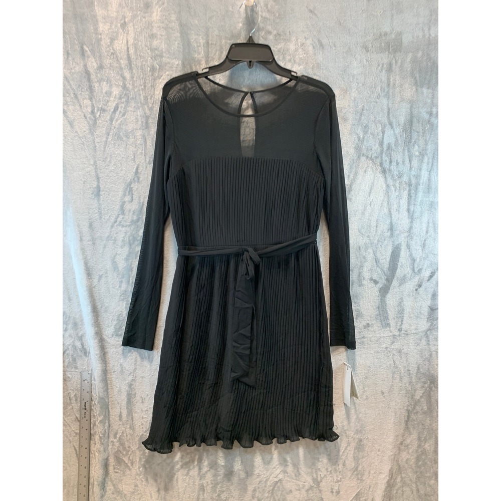 DKNY Black Pleated Mesh Yoke Long Sleeve Mini Dress DD4KI694 Size 8